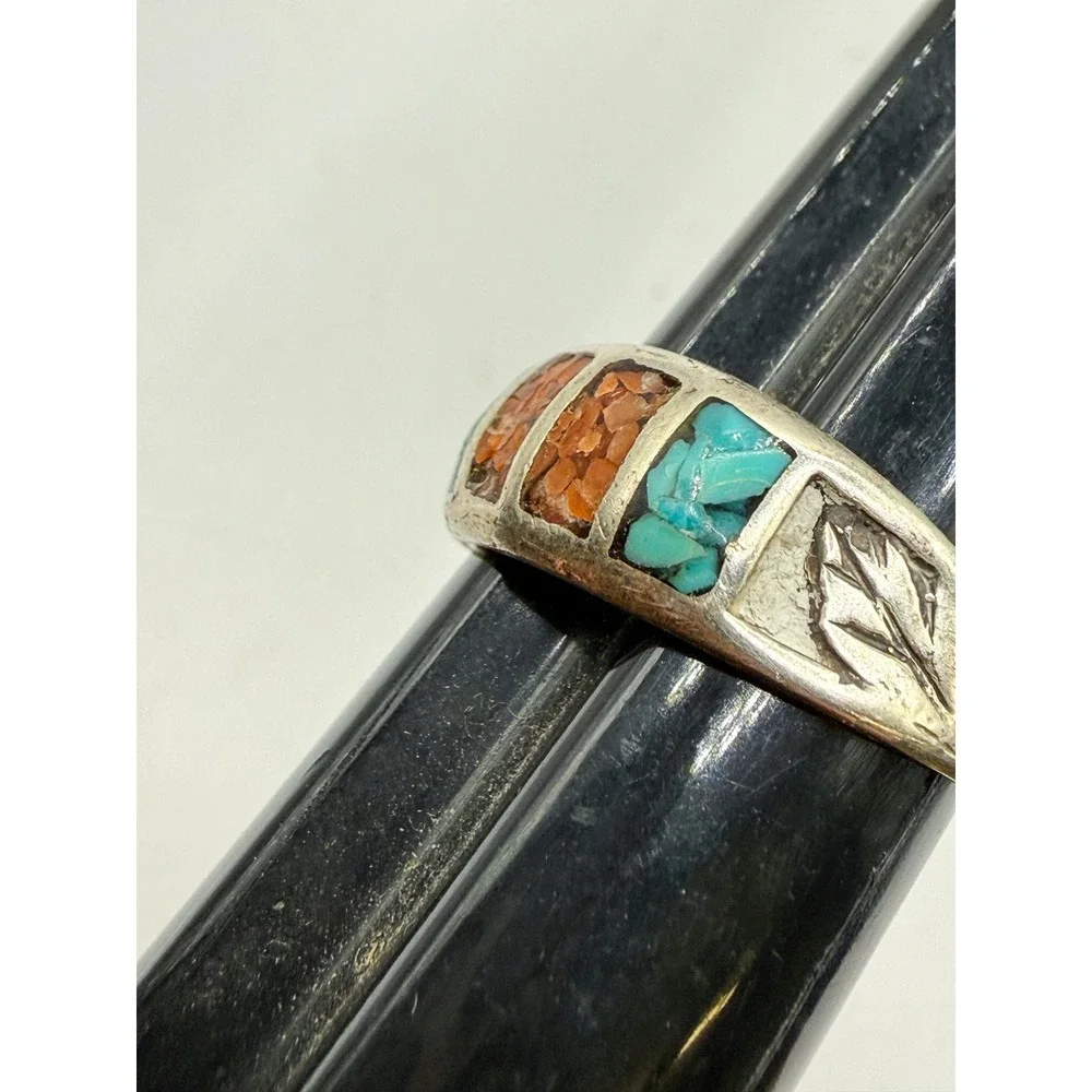 VTG Sterling Silver Turquoise Coral Inlay Native‎ American Ring Sz 8.25 Broken